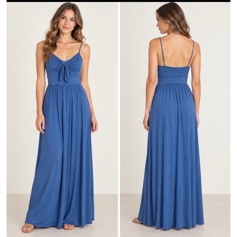 Moulinette Soeurs Anthropologie Blue Jersey Maxi Dress Tie Front Empire Waist M